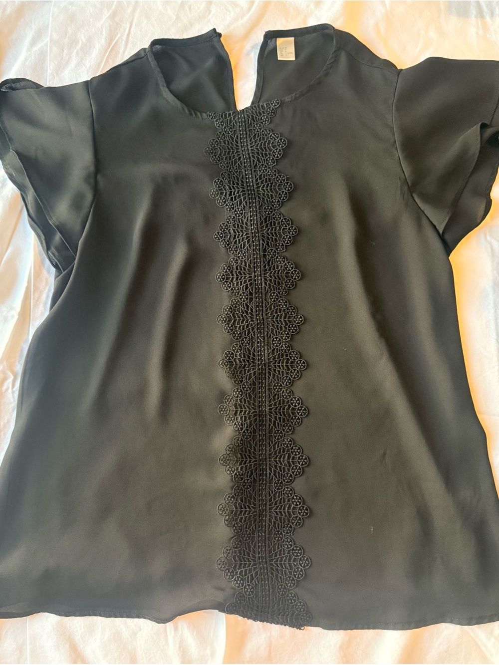 Women's Black Lace-Trim Flutter Sleeve Top